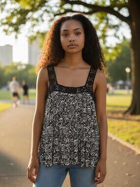 Sleeveless top crochet lace neckline tiered ruffle top